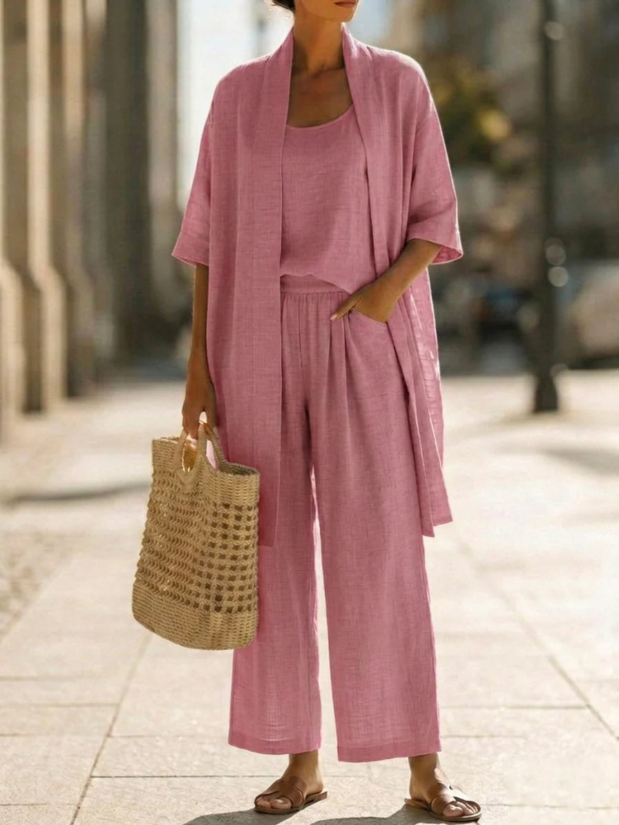 Minimalist Linen-cotton Three-piece Set - Comfortable For Everyday Wear