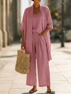 Minimalist Linen-cotton Three-piece Set - Comfortable For Everyday Wear
