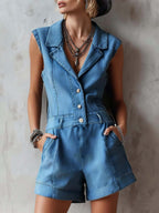 Women's Sleeveless Casual Loose Denim Jumpsuit With Lapel Collar
