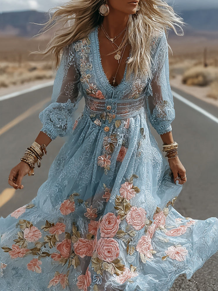 Women's Vintage Blue Floral Embroidery V Neck Casual Maxi Dress
