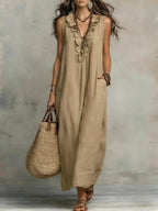 Women's Solid Color Ruffled Art Casual Fashion Cozy Cotton Linen Dress
