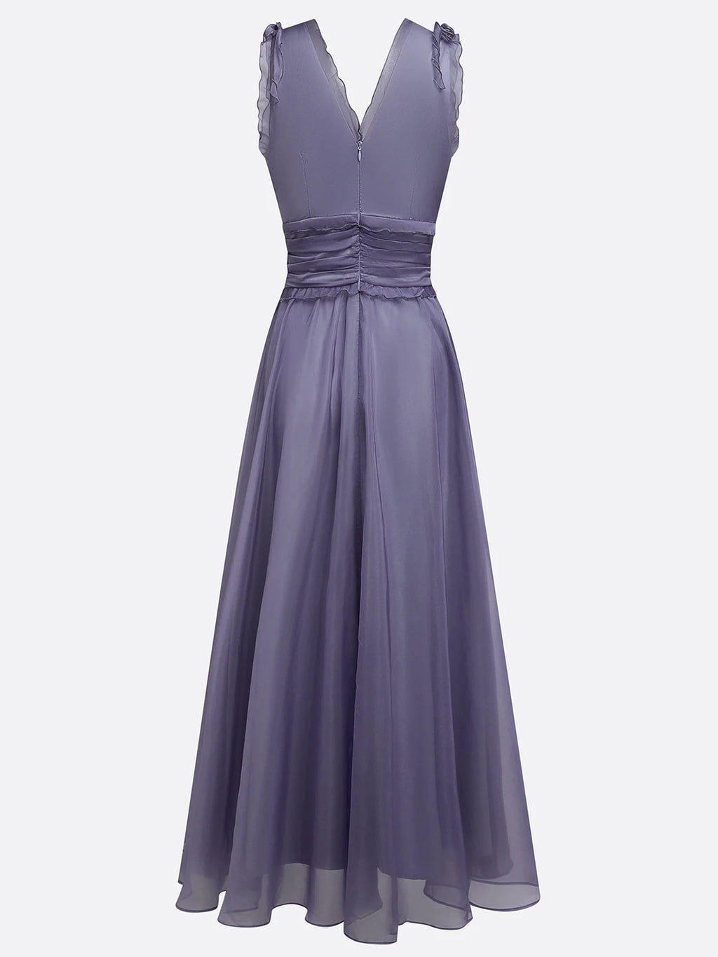 Deep Purple Ruffled Chiffon V Neck Sleeveless A-Line Gown Dress