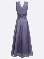 Deep Purple Ruffled Chiffon V Neck Sleeveless A-Line Gown Dress