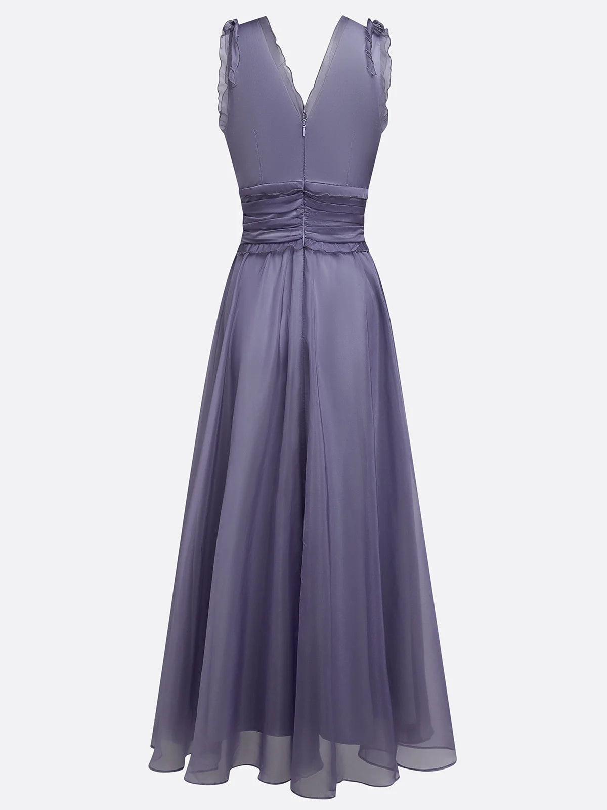 Deep Purple Ruffled Chiffon V Neck Sleeveless A-Line Gown Dress