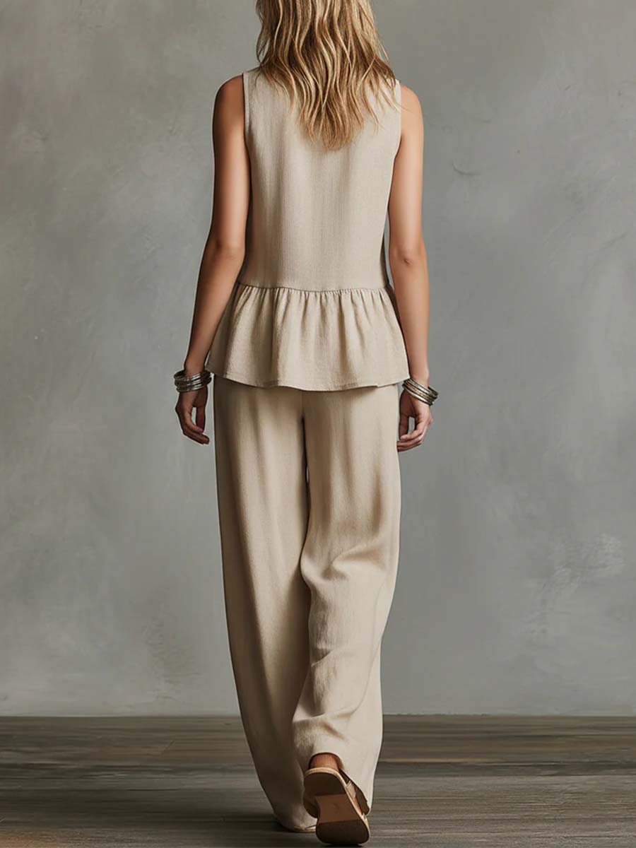 Women's Round Neck Sleeveless Casual Loose Cotton Top And High Waist Casual Loose Wide Leg Pants Set