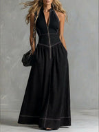 A-Line High Waisted Zipper Stand Collar Maxi Dresses