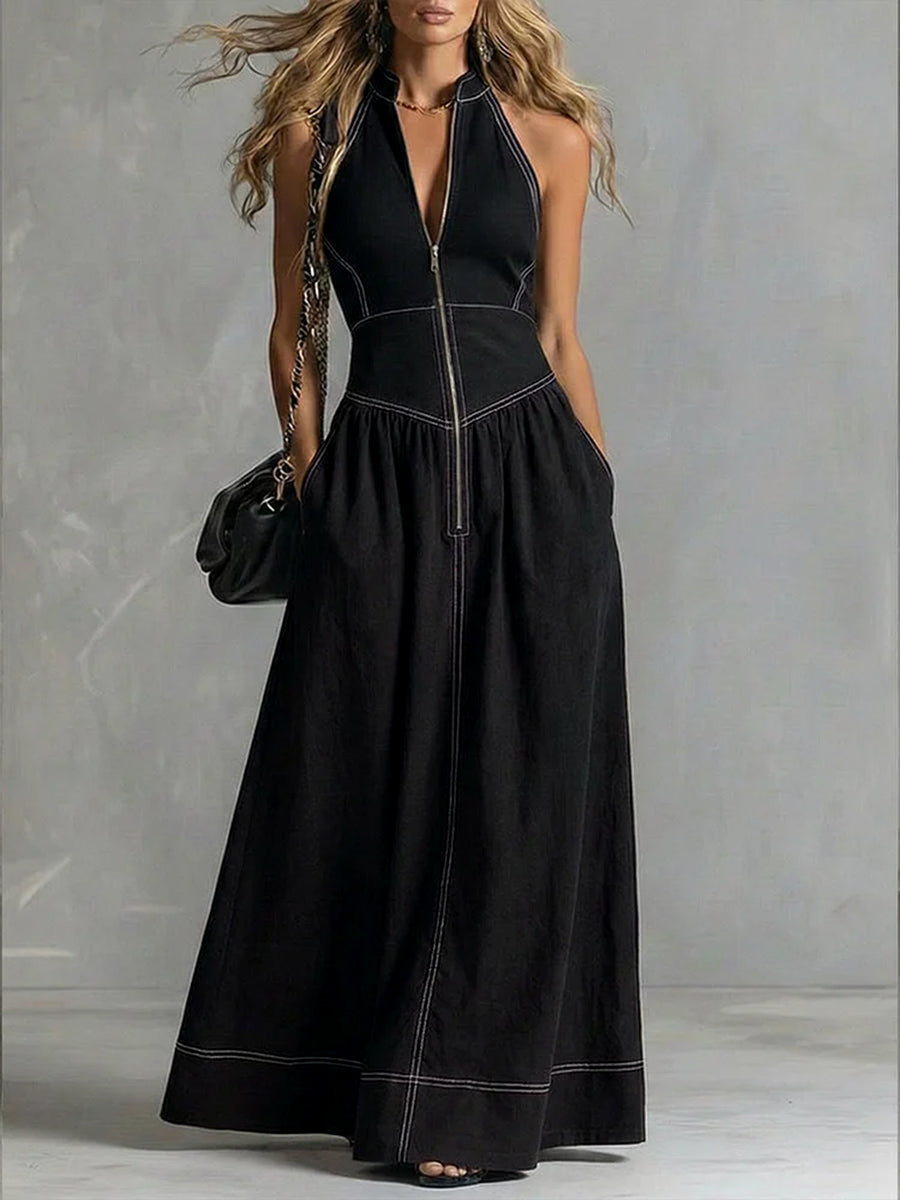 A-Line High Waisted Zipper Stand Collar Maxi Dresses