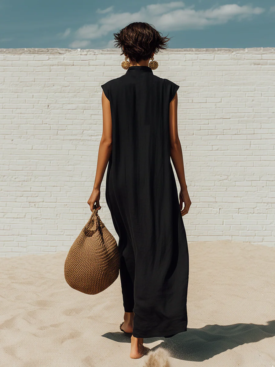 Vintage-style Vacation Floral Print Loose Cotton-linen Dress