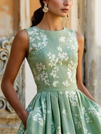 (SIZE:XS-XXL) Midi Linen Dress, Sleeveless, Linen Blend, Floral, Renaissance, Aqua