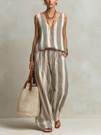 Women's Casual V-Neck Striped Top and Wide-Leg Pants Set