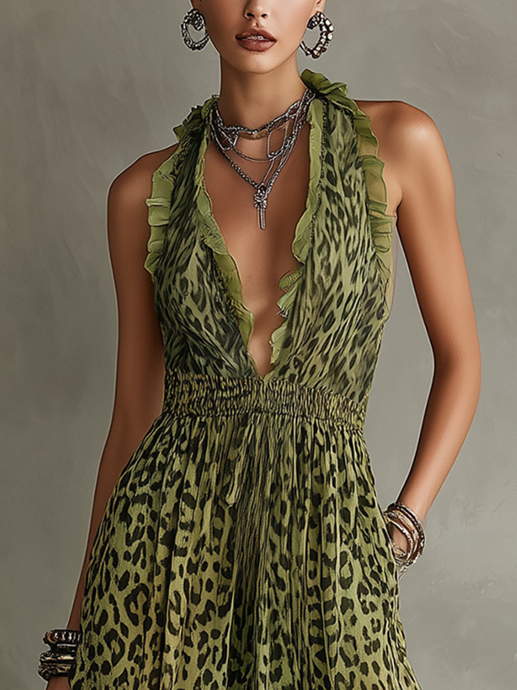 Green Leopard Print deep V-neck Ruffled Halter Neck Chiffon Maxi Dress