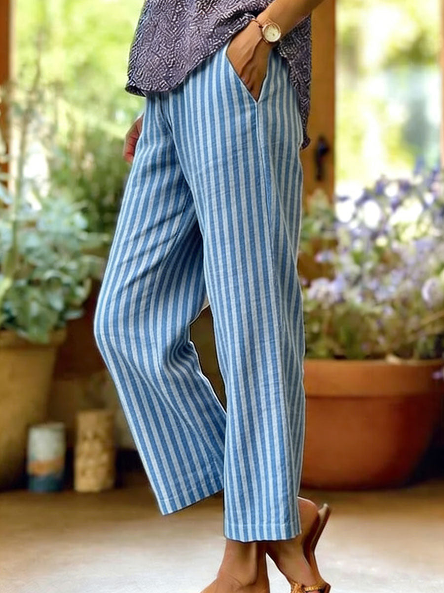 Women's Stripe Cotton-linen Solid Color Elastic Waist Pockets Straight Leg Loose-fit Casual Trousers