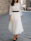 Sheer Pleated Waist Contrast Belt Flowing Maxi Dress