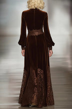 Lace Patchwork Turtleneck Balloon Sleeve Velvet Maxi Dresses