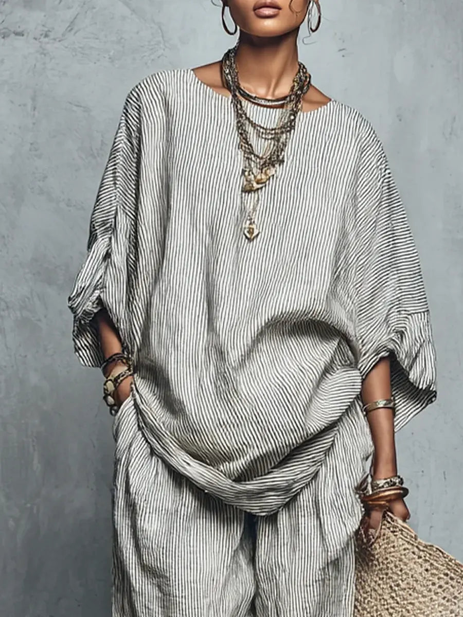 Women's Retro Striped Art Print Casual Top Shirt Pants Cotton And Linen Suits