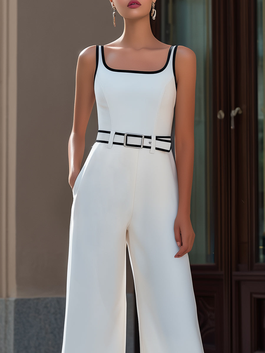 Contrast Trim Square Neck Wide-Leg Jumpsuit