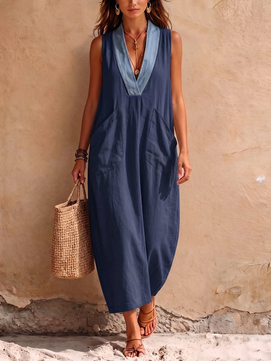 Elegant Color-block V-neck Cotton-linen Dress