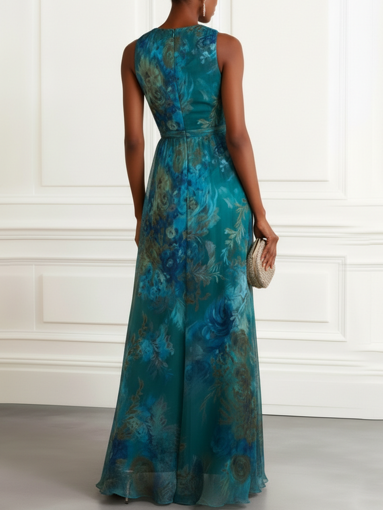 Green Floral Ruched Chiffon V Neck Sleeveless A-Line Maxi Dress