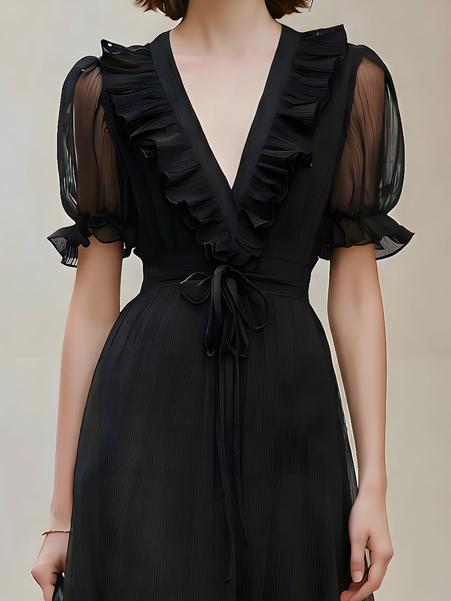 Sheer Chiffon Ruffled V-Neck Midi Dress