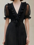 Sheer Chiffon Ruffled V-Neck Midi Dress
