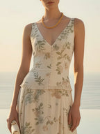 Women Off White Floral V Neck Sleeveless Romantic Top With Skirt Two-Piece Set