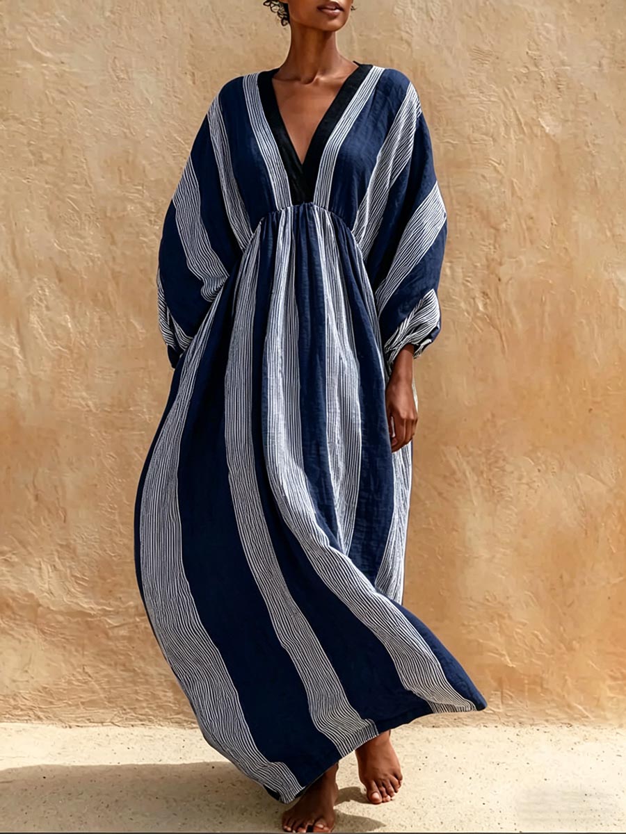 Women's Striped Print V-neck Long-sleeve Casual Loose Cotton-linen Dress