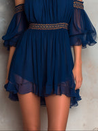 Navy Off-Shoulder Chiffon Mini Dress with Ruffles and Piping