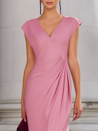 Elegant Draped Cap Sleeves Midi Dress With Asymmetric Hem