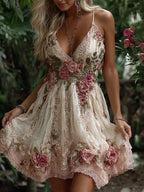 Women's Pink Rose Embroidery Art V-neck Suspender Mini Dress