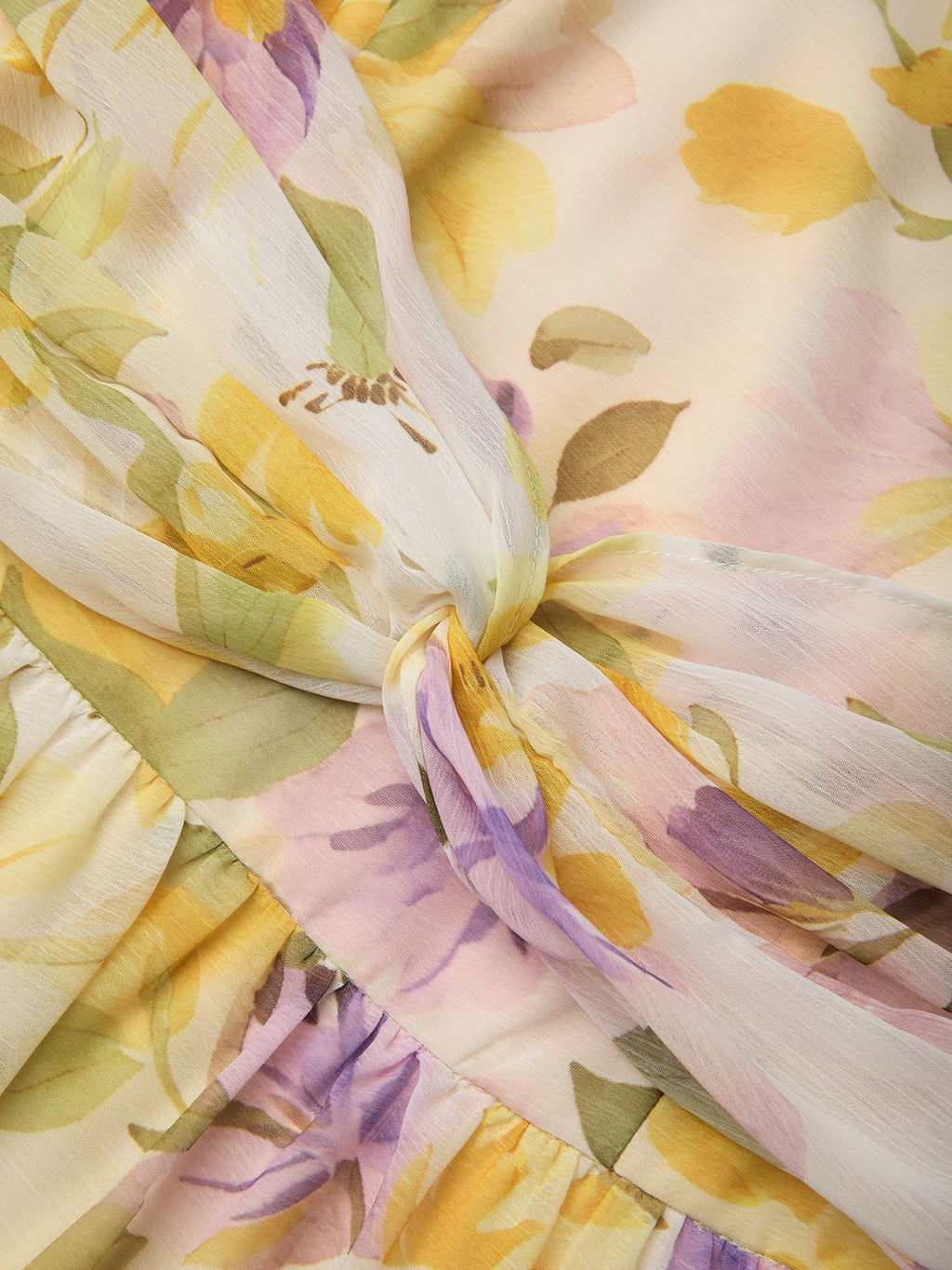 Yellow Floral Ruched Chiffon Boat Neck Sleeveless A-Line Maxi Dress