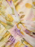 Yellow Floral Ruched Chiffon Boat Neck Sleeveless A-Line Maxi Dress