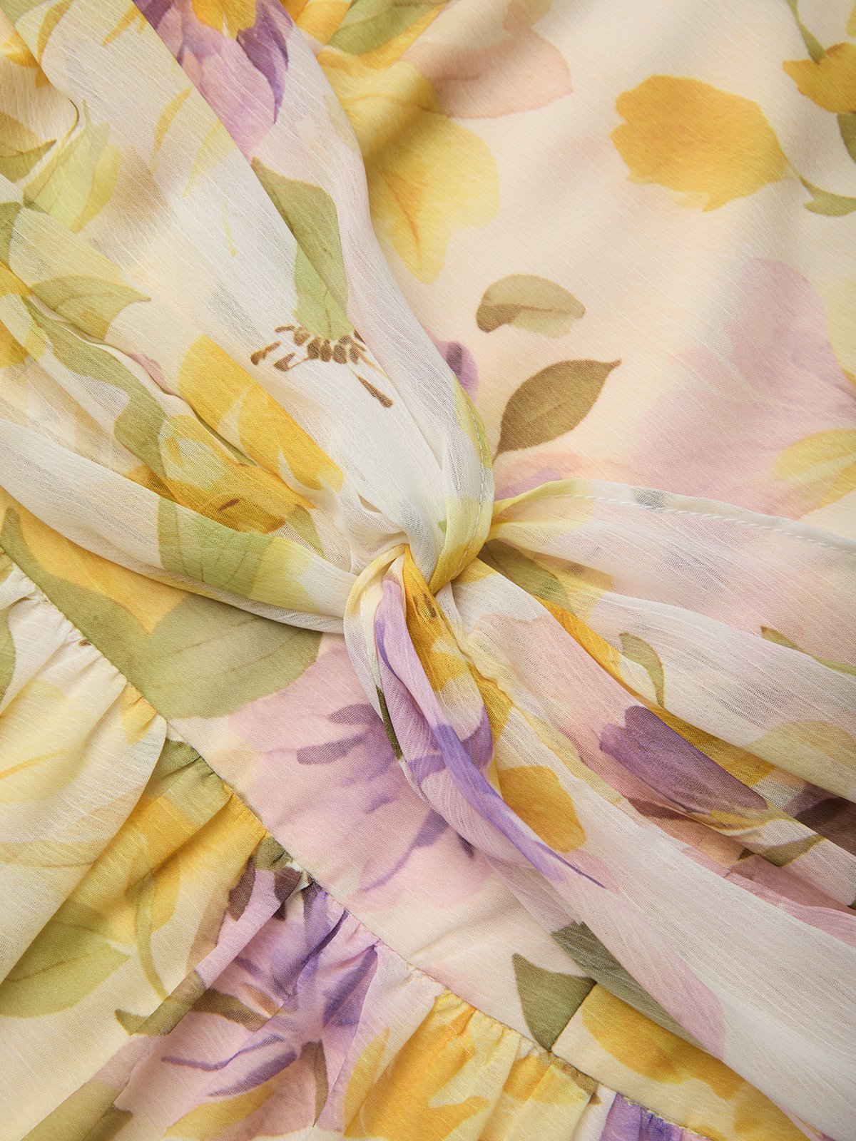 Yellow Floral Ruched Chiffon Boat Neck Sleeveless A-Line Maxi Dress