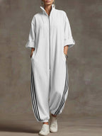 Women's Stand-collar 3/4 Sleeve Casual Loose Hooded Linen Jumpsuit