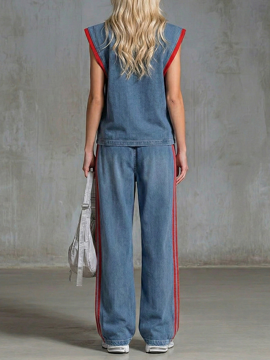 Casual Half-zip Sleeveless Denim Top And Pants Two-piece Set