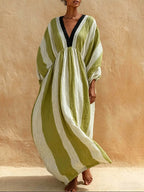 Women's Striped Print V-neck Long-sleeve Casual Loose Cotton-linen Dress
