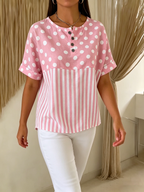 Artistic Polka Dot & Stripe Cotton-linen Blouse