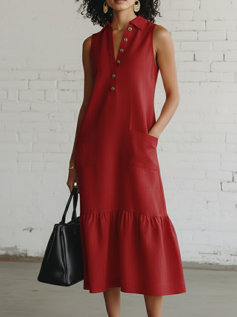 Elegant Cozy Lapel Ruffled Hem Linen-cotton Dress