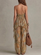 Khaki Printed Chiffon Ruffled Camisole And Wide-leg Pants Set