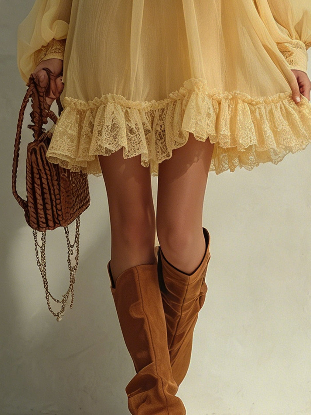 Yellow Off-shoulder Chiffon Lace Mini Dress