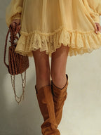 Yellow Off-shoulder Chiffon Lace Mini Dress