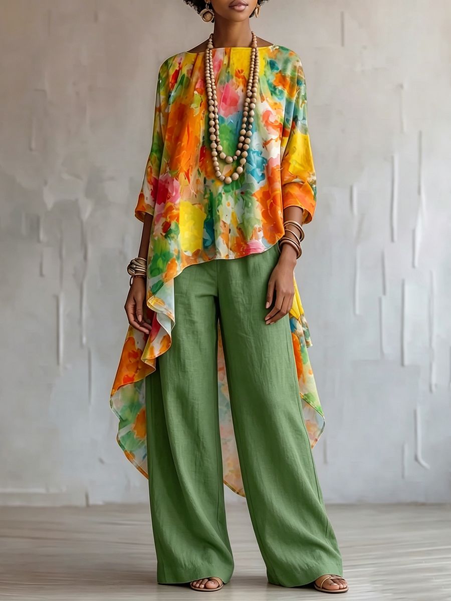 Retro Floral Print Cotton-linen Two-piece Set