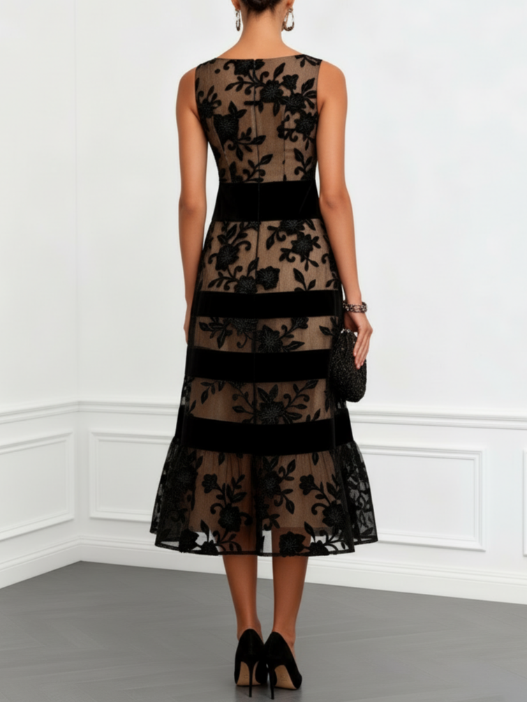 Black Mesh Lace Boat Neck Sleeveless A-Line Midi Dress