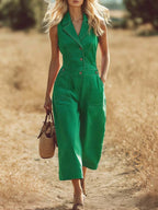 Women's Solid Color Lapel Sleeveless Casual Loose Cotton Jumpsuit