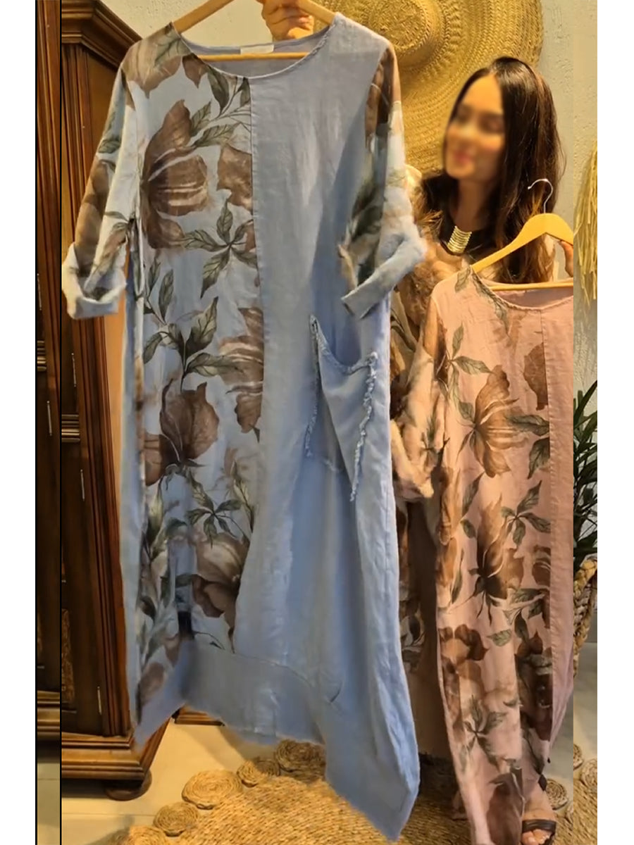 Loose-fitting Casual Floral Print Linen And Cotton Dress