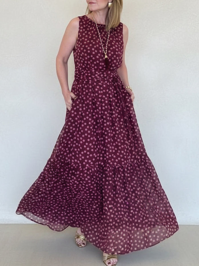 Elegant Polka Dot Print Belted Maxi Dress