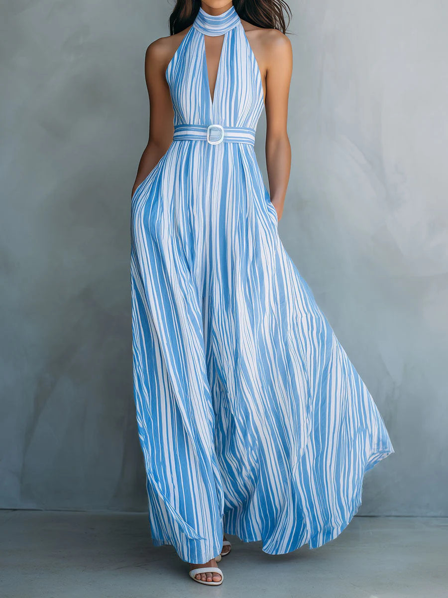 Women's Elegant Halter Neck Striped Dress