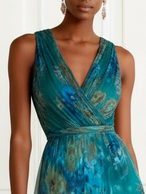 Green Floral Ruched Chiffon V Neck Sleeveless A-Line Maxi Dress