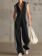 Cozy Casual Sports Striped Zip-up Jumpsuit