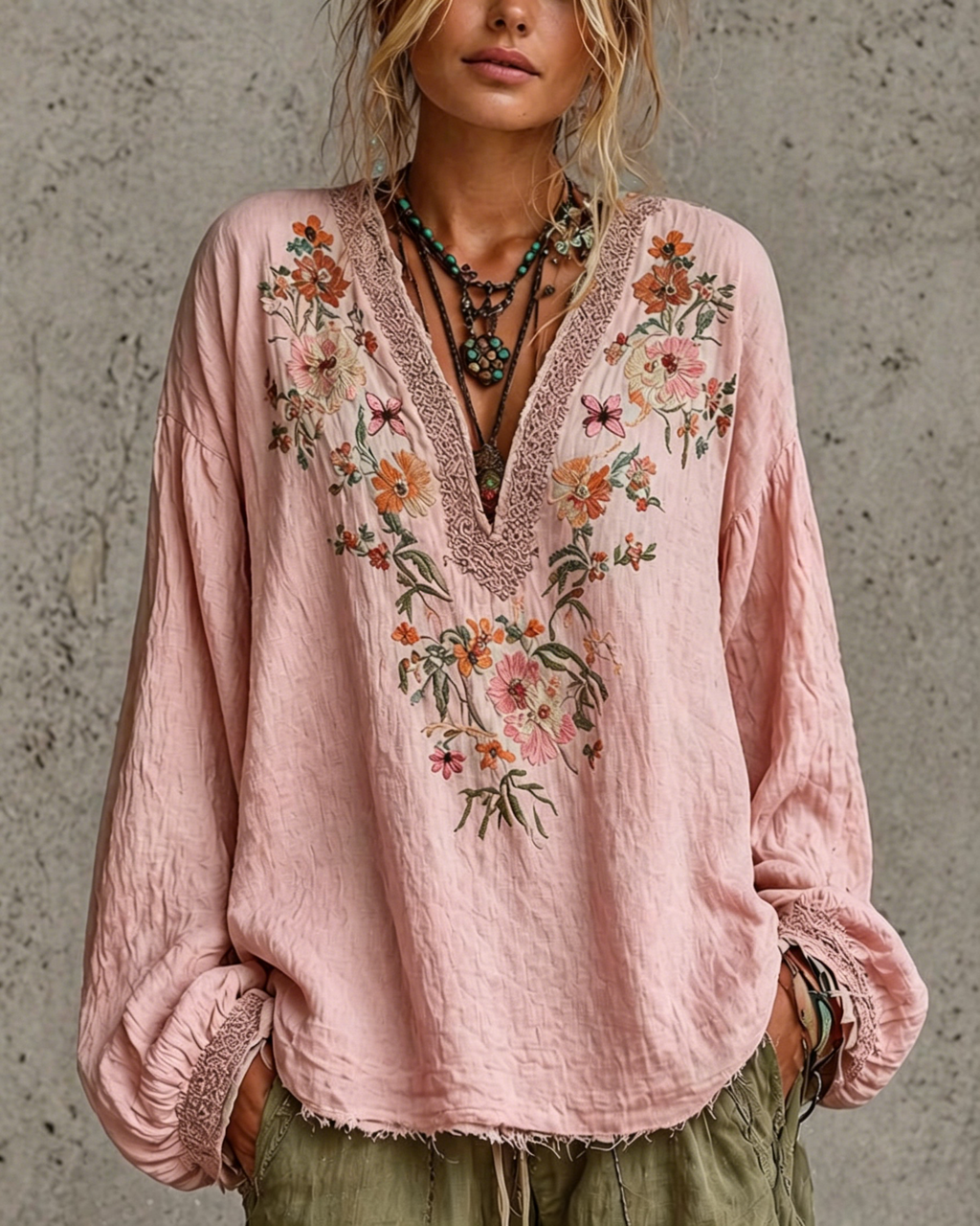 French Vintage-style Heavily Embroidered V-neck Loose-fit Distressed Cotton-linen Shirt With Lantern Sleeves