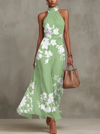 Green Floral Print Halter Neck Chiffon A-line Maxi Dress